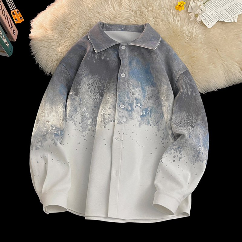 Muška košulja-jakna s gradientom boje i tie-dye, širokog kroja, radnički stil za proljeće i jesen