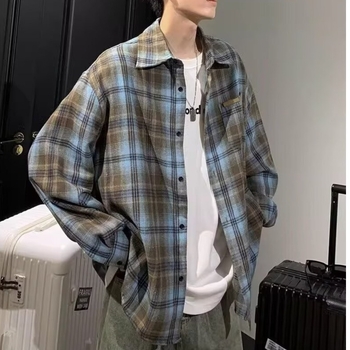 Muška karirana košulja s dugim rukavima, labav kroj, retro casual stil