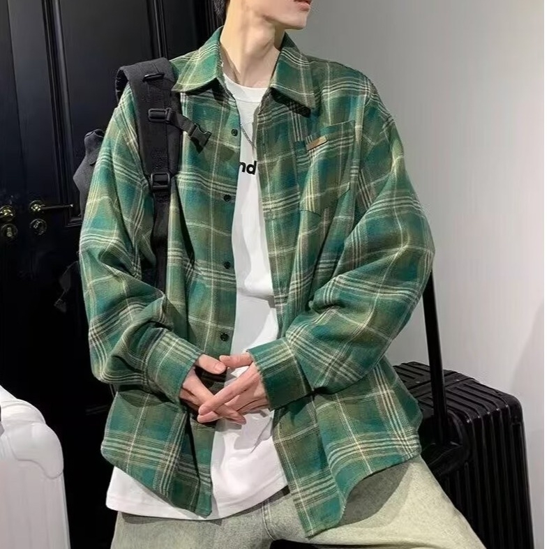 Muška karirana košulja s dugim rukavima, labav kroj, retro casual stil