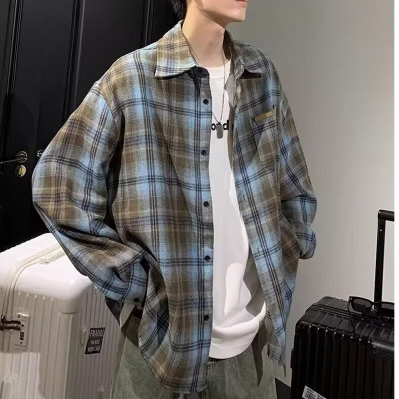 Muška karirana košulja s dugim rukavima, labav kroj, retro casual stil