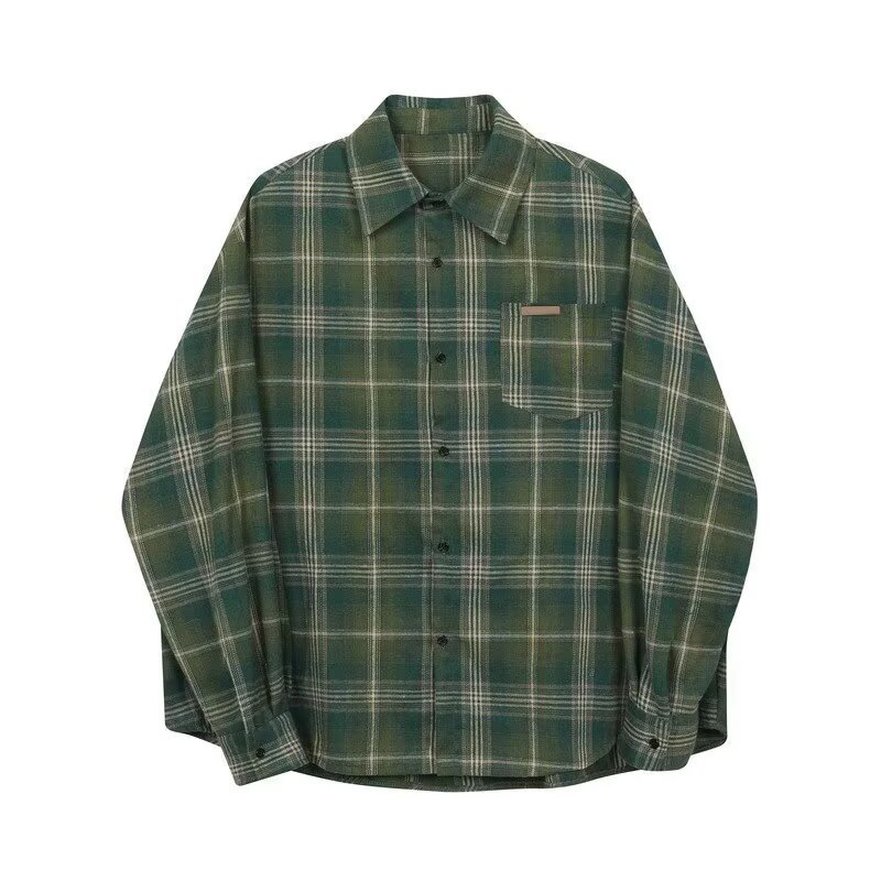 Muška karirana košulja s dugim rukavima, labav kroj, retro casual stil