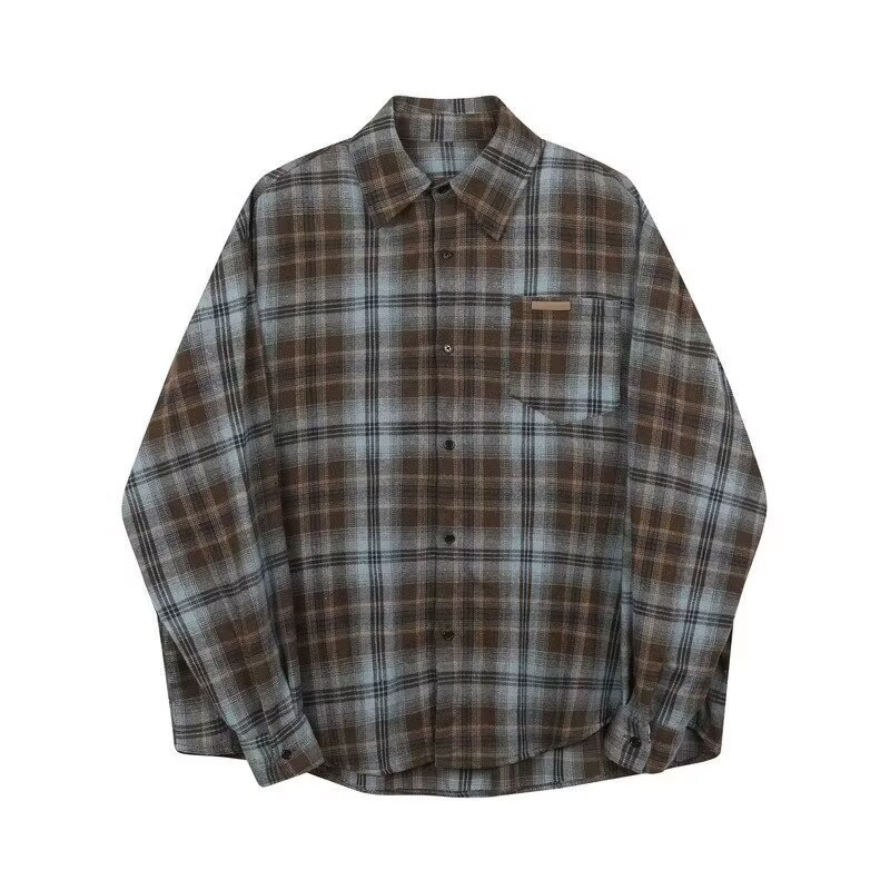 Muška karirana košulja s dugim rukavima, labav kroj, retro casual stil