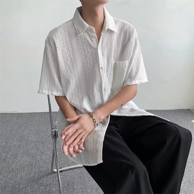 Férfi drapírozott rövid ujjú ing japán retro stílusban