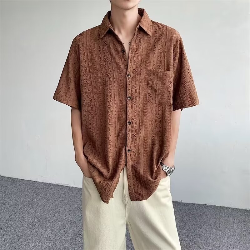 Férfi drapírozott rövid ujjú ing japán retro stílusban