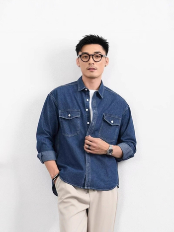 Férfi denim ing-jacket laza szabású, hosszú ujjú, dupla zsebbel