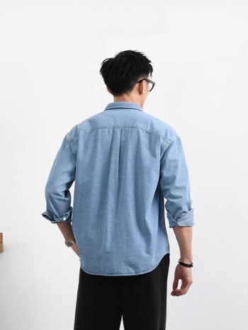 Férfi denim ing-jacket laza szabású, hosszú ujjú, dupla zsebbel