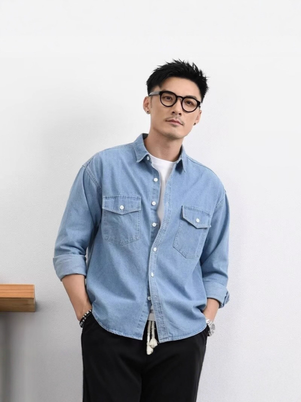 Férfi denim ing-jacket laza szabású, hosszú ujjú, dupla zsebbel