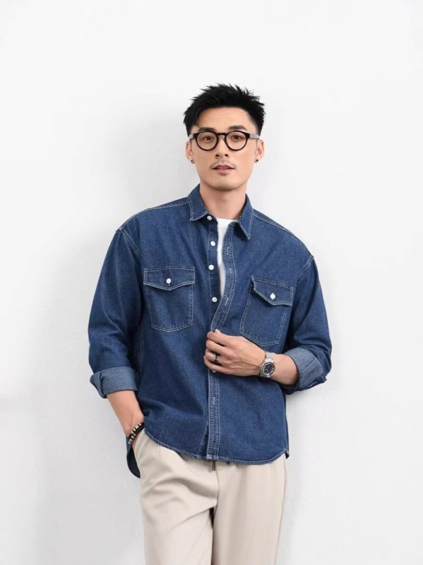 Férfi denim ing-jacket laza szabású, hosszú ujjú, dupla zsebbel