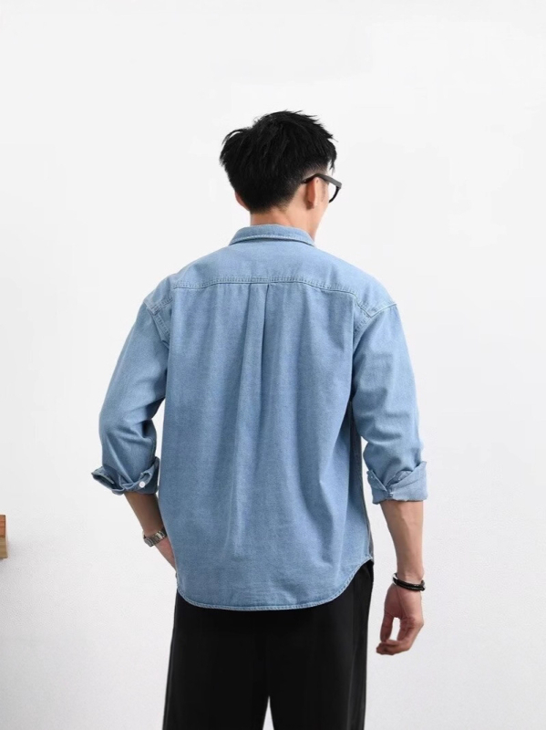 Férfi denim ing-jacket laza szabású, hosszú ujjú, dupla zsebbel