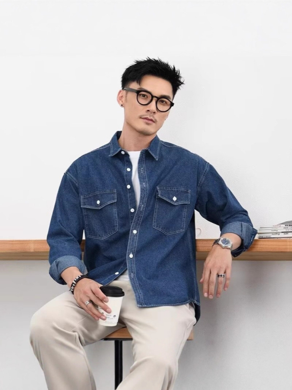 Férfi denim ing-jacket laza szabású, hosszú ujjú, dupla zsebbel