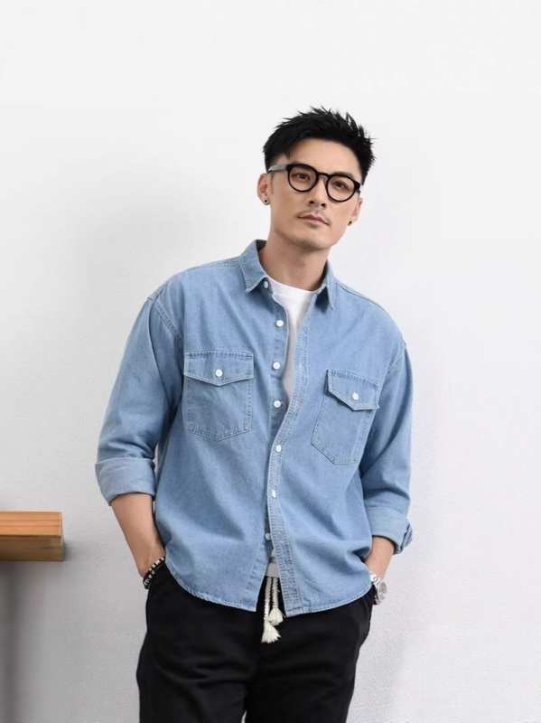 Férfi denim ing-jacket laza szabású, hosszú ujjú, dupla zsebbel