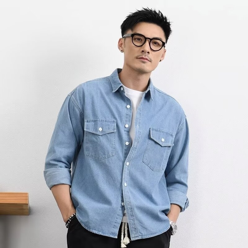 Férfi denim ing-jacket laza szabású, hosszú ujjú, dupla zsebbel