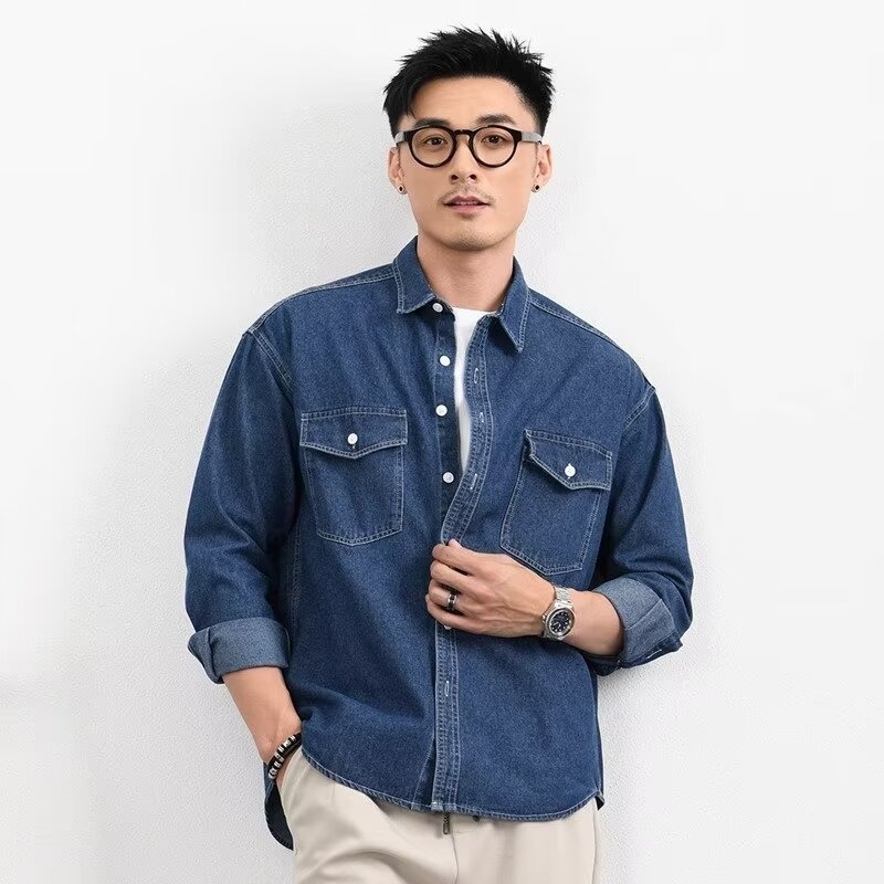 Férfi denim ing-jacket laza szabású, hosszú ujjú, dupla zsebbel