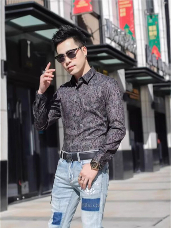 Muška košulja s paisley uzorkom, dugim rukavima, proljetno-jesenski stil, korejski stil, slim fit