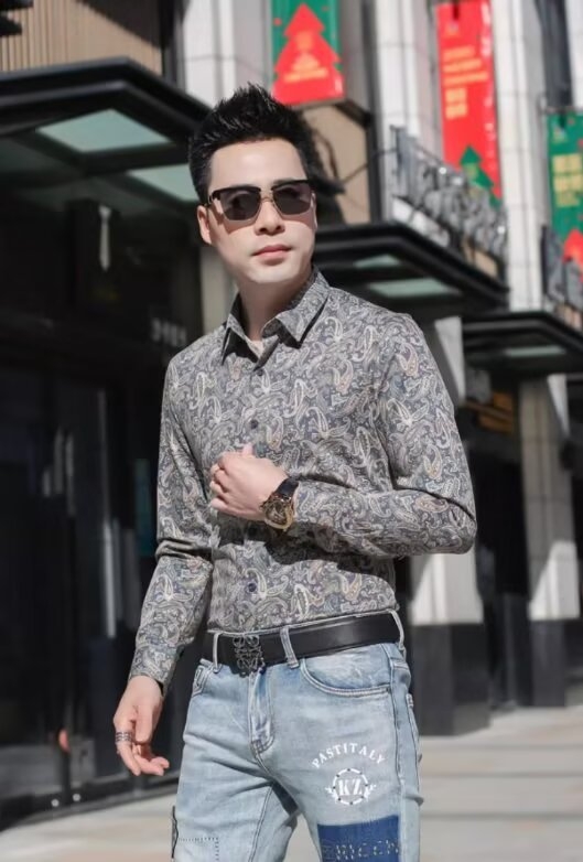 Muška košulja s paisley uzorkom, dugim rukavima, proljetno-jesenski stil, korejski stil, slim fit