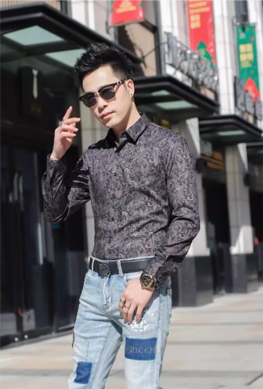 Muška košulja s paisley uzorkom, dugim rukavima, proljetno-jesenski stil, korejski stil, slim fit