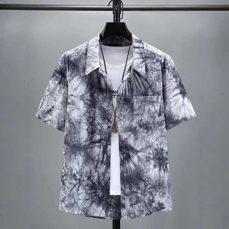 Férfi tie-dye oversize ing, plusz méret, virágos mintázat, rövid ujjú, vékony pamut-keverék