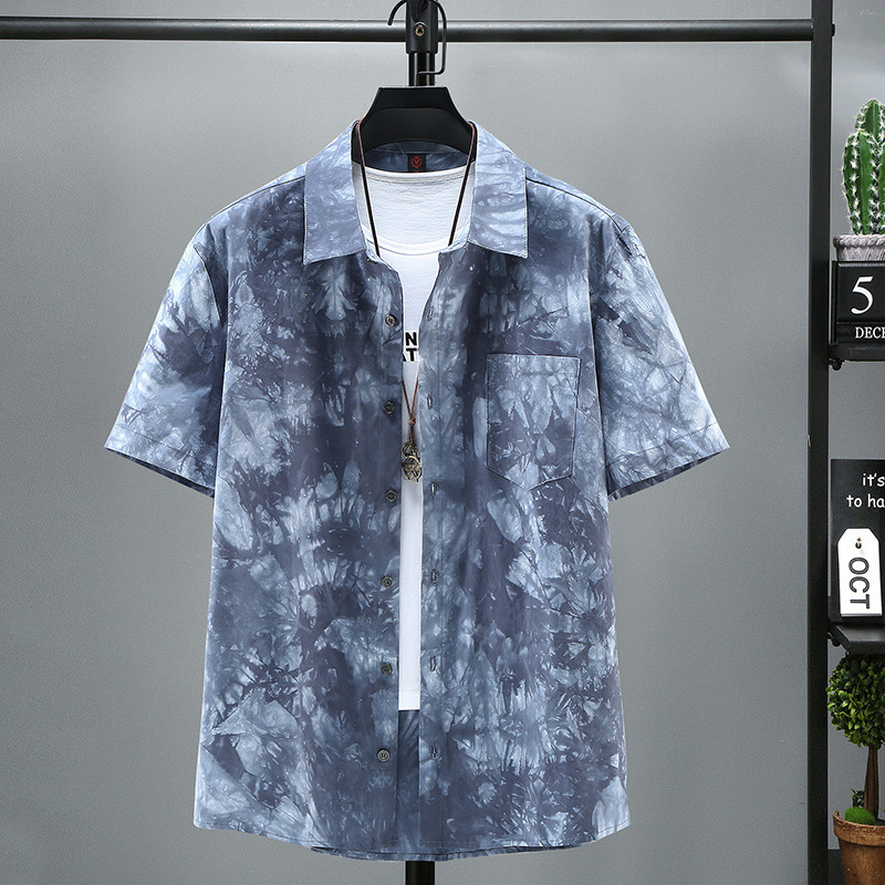 Férfi tie-dye oversize ing, plusz méret, virágos mintázat, rövid ujjú, vékony pamut-keverék