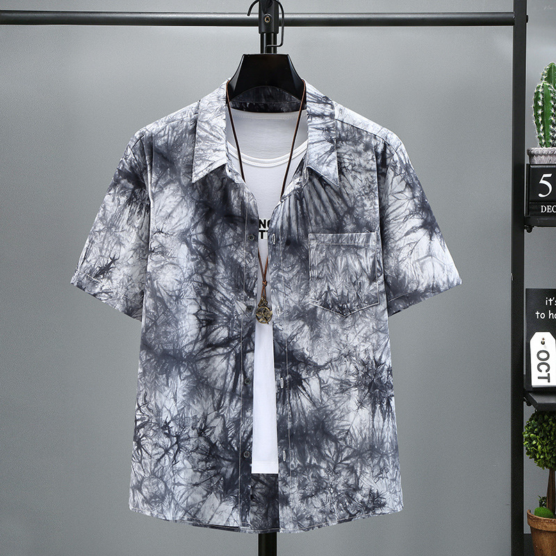 Férfi tie-dye oversize ing, plusz méret, virágos mintázat, rövid ujjú, vékony pamut-keverék