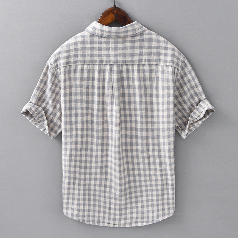 Ljetna muška karirana košulja kratkih rukava, širokog kroja, od čiste pamuka, vintage stil s džepom