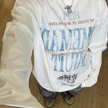 Lex Letter muški dugi rukav T-shirt s otiskom, okrugli izrez, flis podstava, američki casual stil