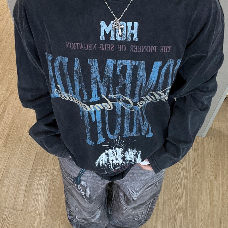 Lex Letter muški dugi rukav T-shirt s otiskom, okrugli izrez, flis podstava, američki casual stil