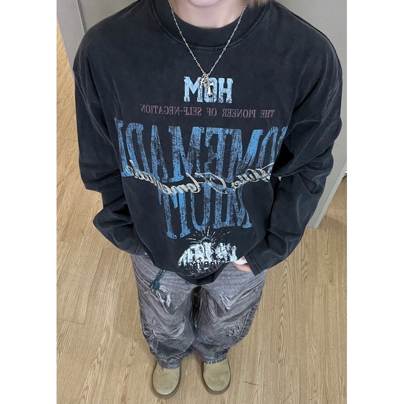 Lex Letter muški dugi rukav T-shirt s otiskom, okrugli izrez, flis podstava, američki casual stil