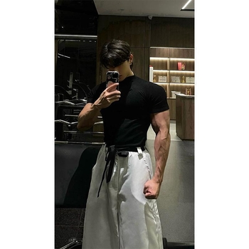 Ανδρικό T-shirt γυμναστικής για ανάδειξη μυών, με στενές μανσέτες, ύφασμα Ice Silk με γρήγορο στέγνωμα, βασικό στρώμα με κοντά μανίκια