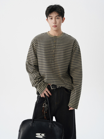 Ανδρική μπλούζα με ρίγες και Henley λαιμό, μακρυμάνικη, χαλαρή γραμμή, βασικό τοπ βάσης, αμερικανικό ρετρό στυλ για άνοιξη και φθινόπωρο