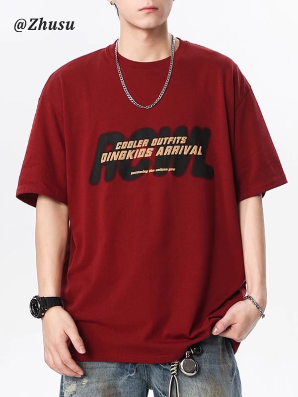 Αντρικό κοντομάνικο T‑shirt από 100% βαμβάκι, 2026 νέο αμερικανικό στυλ, τύπωμα με γράμματα, φαρδιά άνετη γραμμή, μπλούζα με στρογγυλό λαιμό για ζευγάρια
