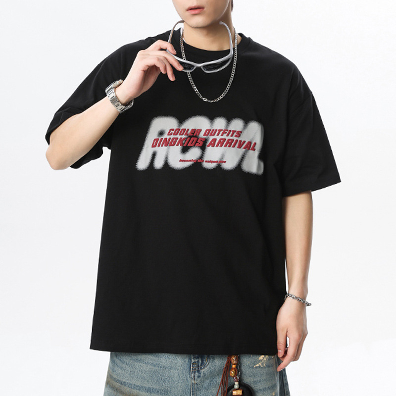Αντρικό κοντομάνικο T‑shirt από 100% βαμβάκι, 2026 νέο αμερικανικό στυλ, τύπωμα με γράμματα, φαρδιά άνετη γραμμή, μπλούζα με στρογγυλό λαιμό για ζευγάρια