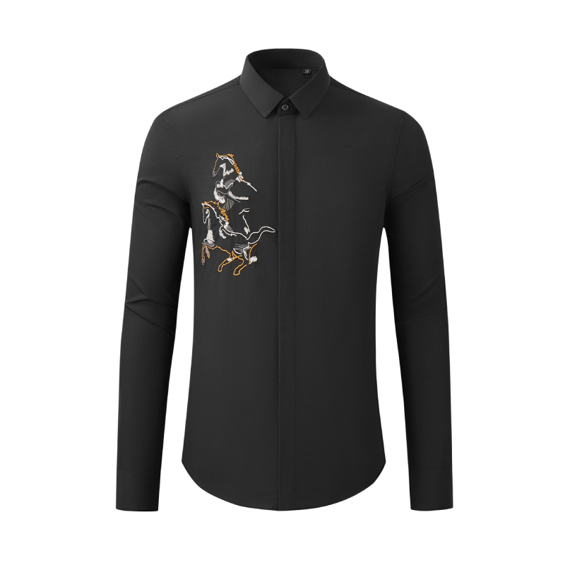 Muška pamučna košulja s dugim rukavima, slim fit, s brodiranim Pegazom, crno-bijela