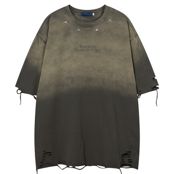 Ανδρικό T-shirt Qilin σε αμερικανικό στυλ με πλυμένο vintage σχέδιο, φαρδιά γραμμή, κοντά μανίκια, λαιμός ριμπ, εκτύπωση με γράμματα, μεταλλικά διακοσμητικά