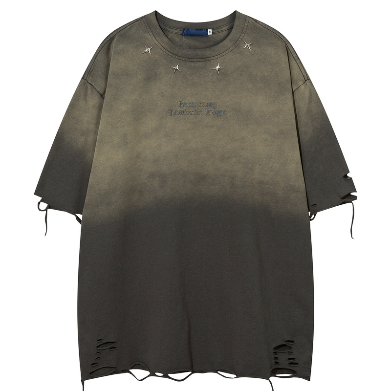 Ανδρικό T-shirt Qilin σε αμερικανικό στυλ με πλυμένο vintage σχέδιο, φαρδιά γραμμή, κοντά μανίκια, λαιμός ριμπ, εκτύπωση με γράμματα, μεταλλικά διακοσμητικά