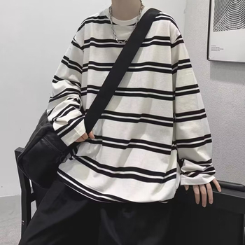 Csíkos hosszú ujjú póló férfiaknak, laza oversize szabás, streetwear