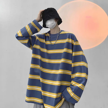 Csíkos hosszú ujjú póló férfiaknak, laza oversize szabás, streetwear