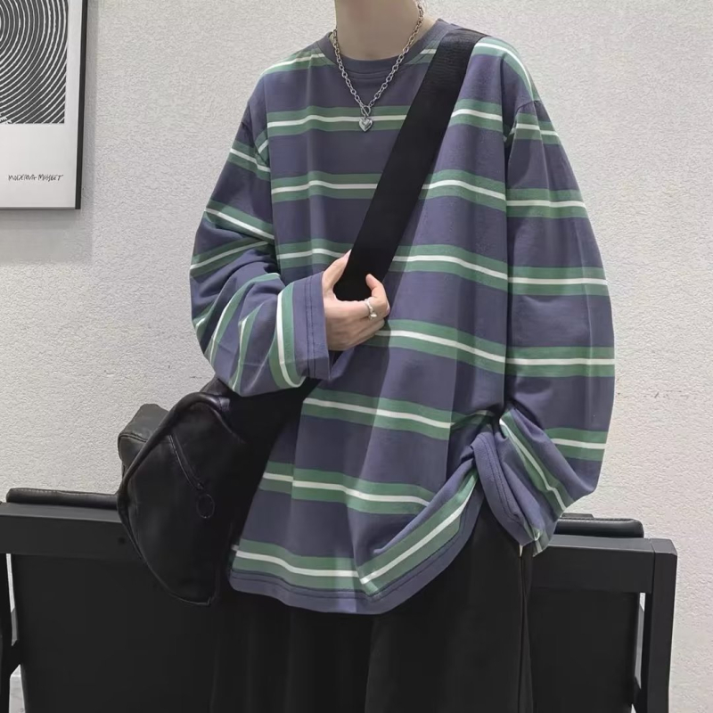 Csíkos hosszú ujjú póló férfiaknak, laza oversize szabás, streetwear