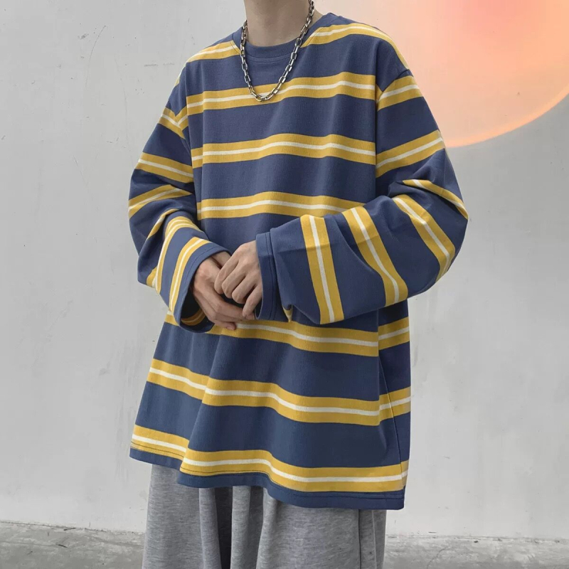 Csíkos hosszú ujjú póló férfiaknak, laza oversize szabás, streetwear