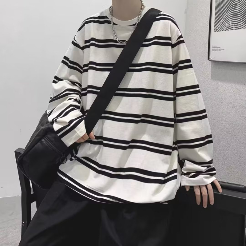 Csíkos hosszú ujjú póló férfiaknak, laza oversize szabás, streetwear