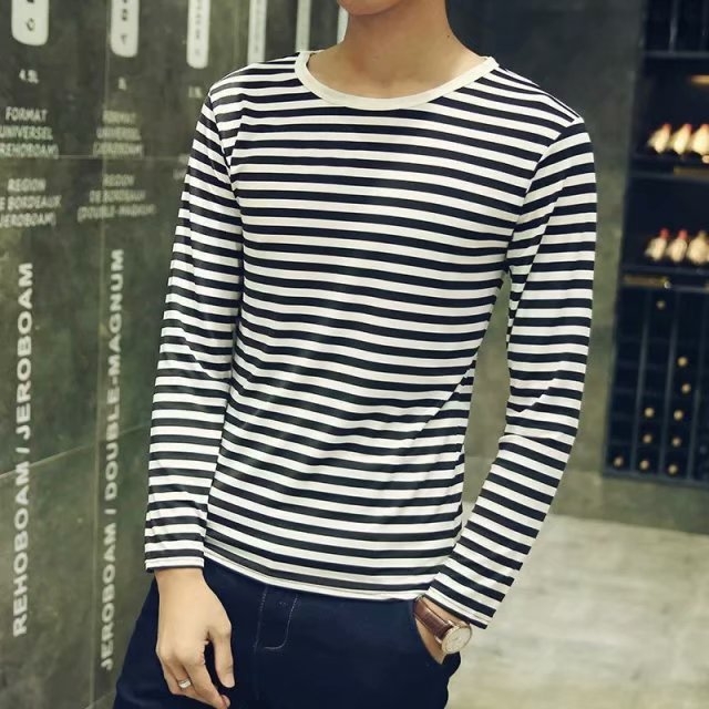 Muška dugačka rukava majica s prugama, uskog kroja, korejskog stila, svakodnevni streetwear s hongkonškim štihom