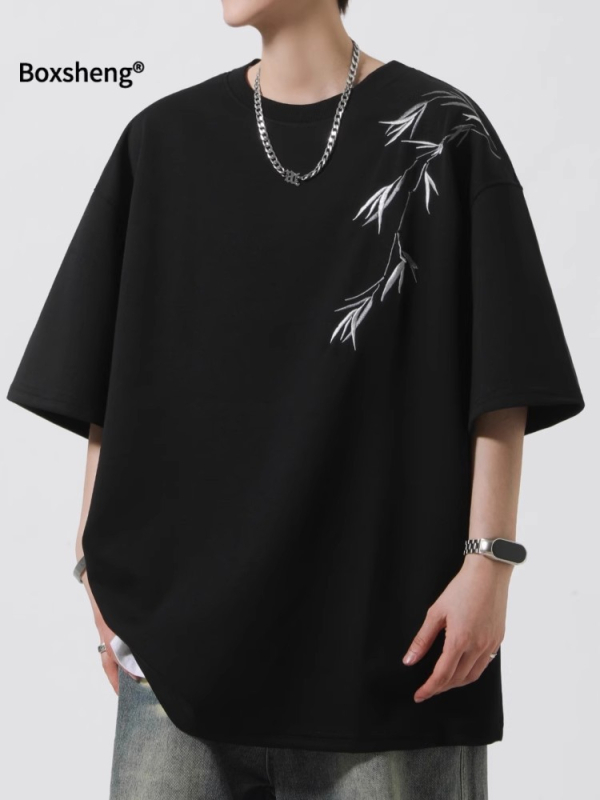 Κεντημένο κοντομάνικο T-shirt για άνδρες, καλοκαίρι 2026, σχέδιο μπαμπού, χαλαρή γραμμή, νέο κινεζικό στυλ