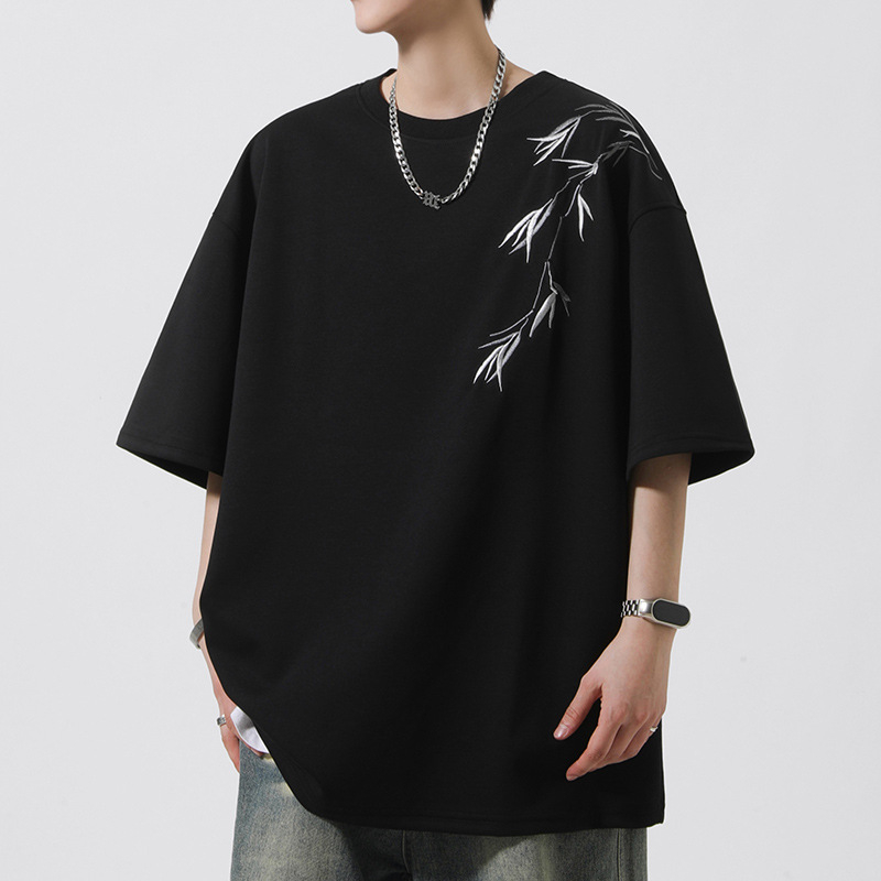 Κεντημένο κοντομάνικο T-shirt για άνδρες, καλοκαίρι 2026, σχέδιο μπαμπού, χαλαρή γραμμή, νέο κινεζικό στυλ