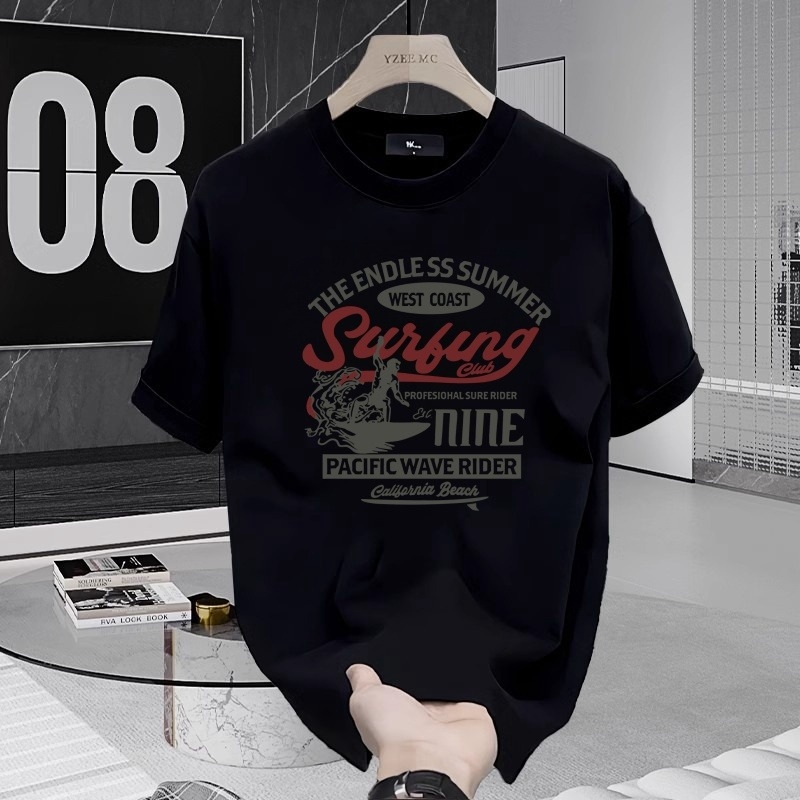 Ανδρικό κοντομάνικο βαμβακερό T-shirt, χαλαρή γραμμή, καλοκαίρι 2025, εκτύπωση με γράμματα και γεωμετρικό μοτίβο