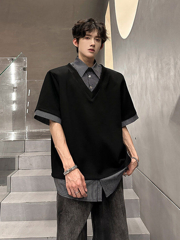 Ανδρικό κοντομάνικο T‑shirt με patchwork γιακά, ψεύτικος διπλός σχεδιασμός, αμερικανικό streetwear