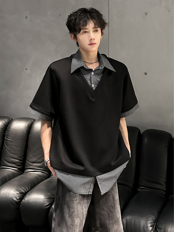 Ανδρικό κοντομάνικο T‑shirt με patchwork γιακά, ψεύτικος διπλός σχεδιασμός, αμερικανικό streetwear
