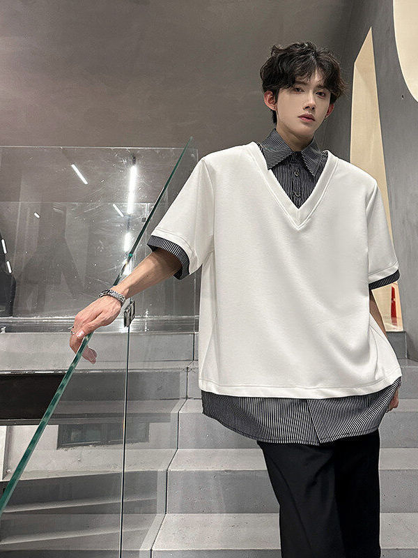 Ανδρικό κοντομάνικο T‑shirt με patchwork γιακά, ψεύτικος διπλός σχεδιασμός, αμερικανικό streetwear