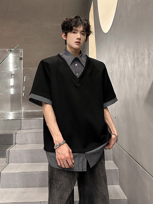 Ανδρικό κοντομάνικο T‑shirt με patchwork γιακά, ψεύτικος διπλός σχεδιασμός, αμερικανικό streetwear