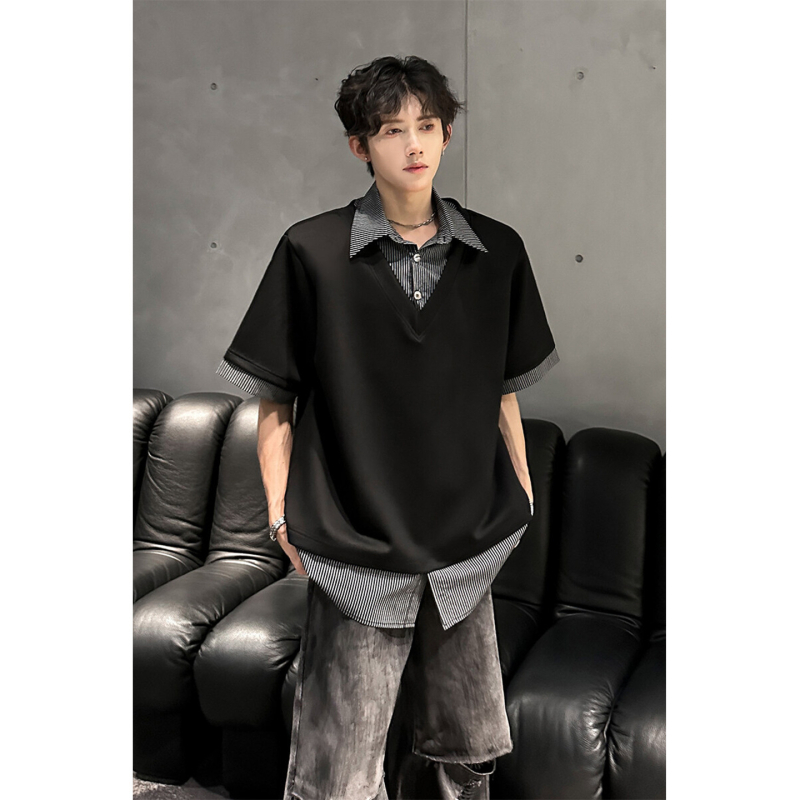 Ανδρικό κοντομάνικο T‑shirt με patchwork γιακά, ψεύτικος διπλός σχεδιασμός, αμερικανικό streetwear