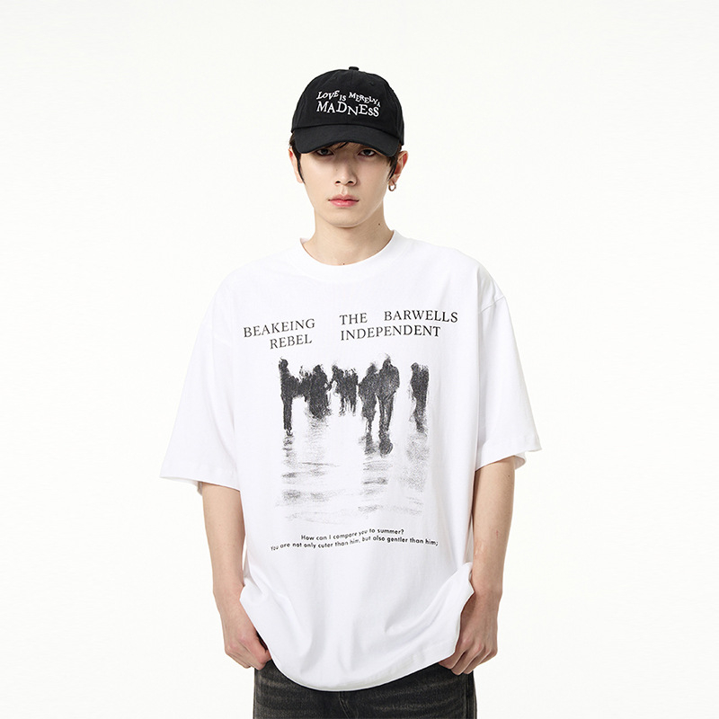 Αμερικανικού ρετρό στυλ T-shirt με εκτύπωση γραμμάτων, κοντό μανίκι, unisex, χαλαρή εφαρμογή, βαρύ βαμβάκι