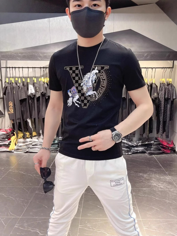 Ευρωπαϊκό Πολυτελές Καλοκαιρινό Ανδρικό T-shirt με στρας, στρογγυλός λαιμός, εκτύπωση, κοντό μανίκι, άνεση